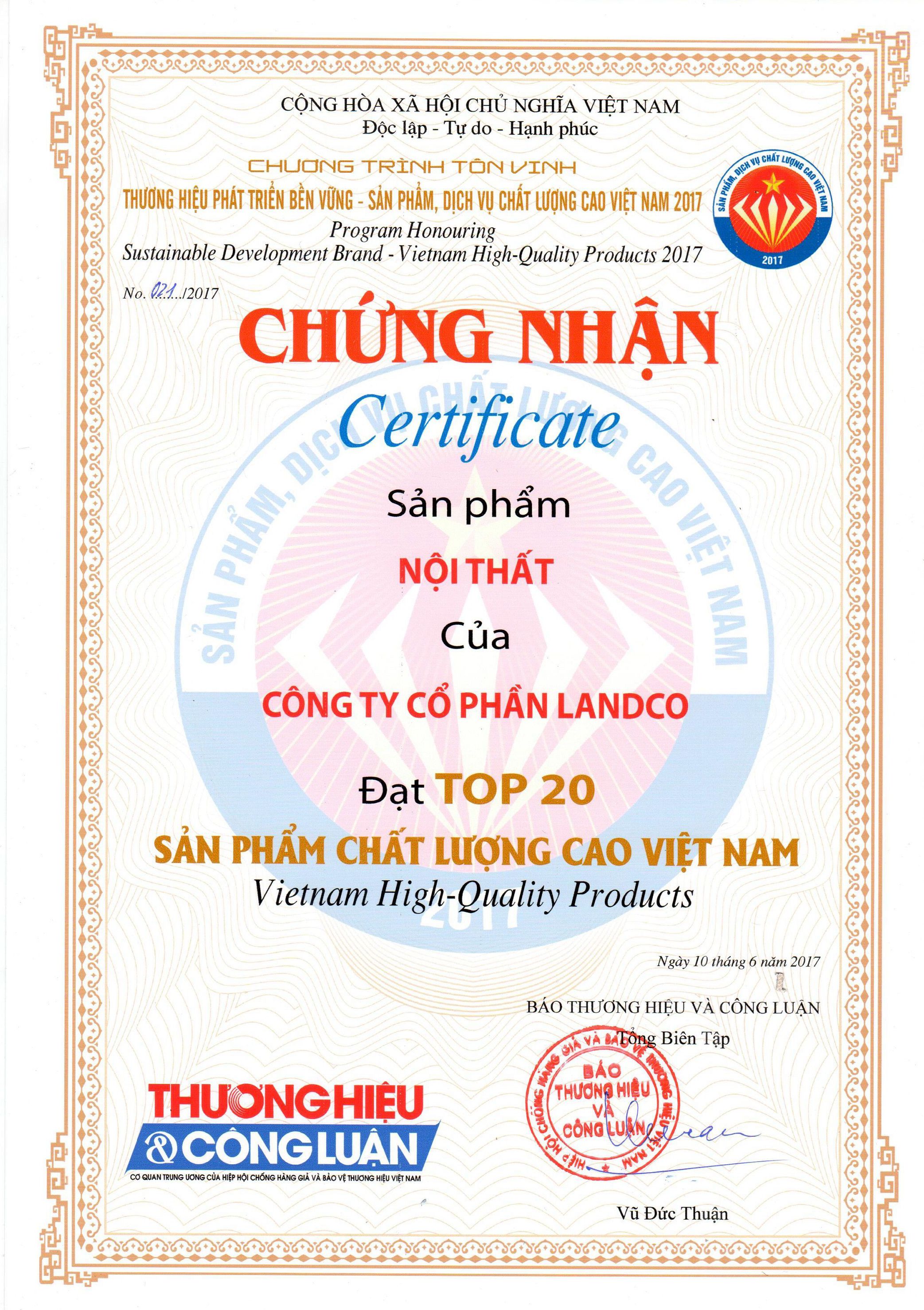 6Landco tu hao vinh danh top 50 thuong hieu phat trien ben vung san pham chat luong cao VN 2017