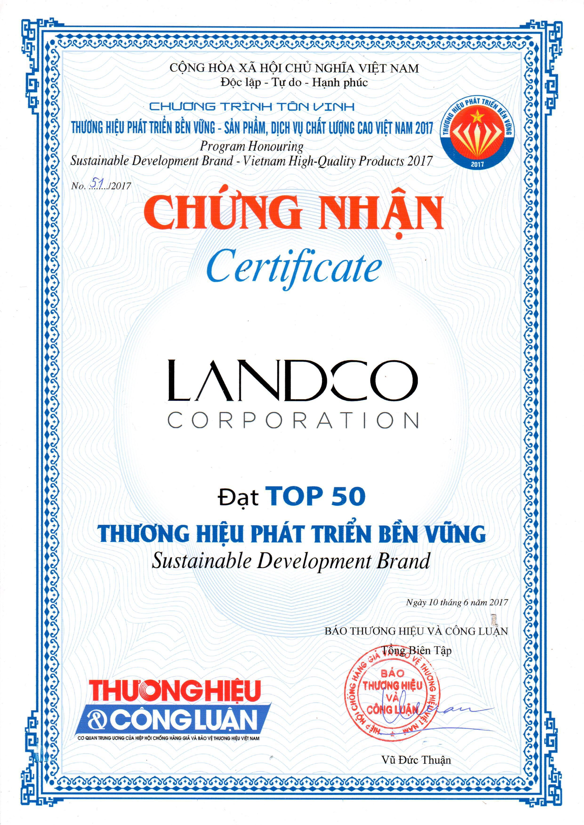 4Landco tu hao vinh danh top 50 thuong hieu phat trien ben vung san pham chat luong cao VN 2017